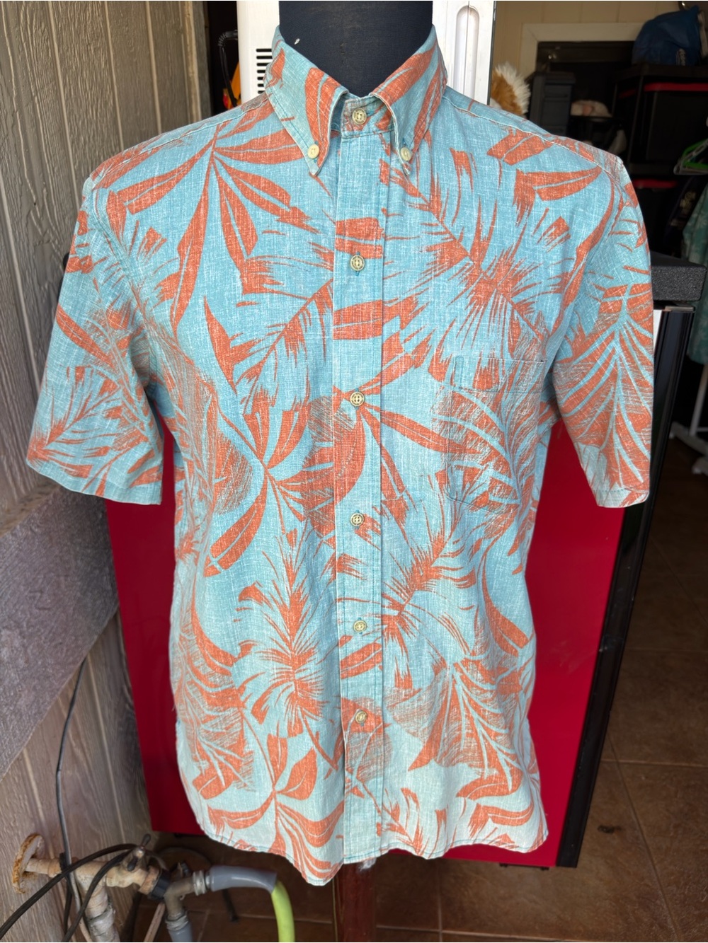 PreOwned Reyn Spooner Classic Hawaiian Print Green/Orange Full Button Men's M